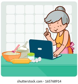 Old woman in her kitchen looking for recipes on the internet. Vector illustration