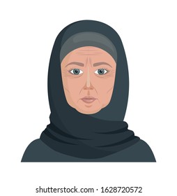 An old woman in a hijab. Elderly Muslim woman. Vector illustration in cartoon style with characters isolated on a white background. Grandma's face with wrinkles.