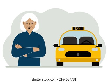 A Old Woman With His Arms Crossed Near A Yellow Taxi Car. Vector Flat Illustration