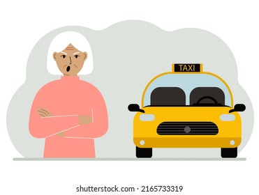 A Old Woman With His Arms Crossed Near A Yellow Taxi Car. Vector Flat Illustration