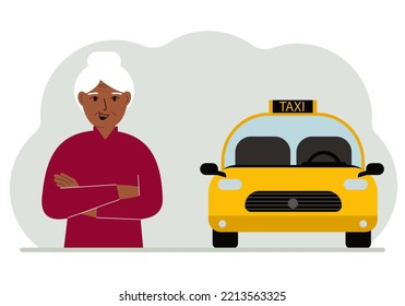 A Old Woman With His Arms Crossed Near A Yellow Taxi Car. Vector Flat Illustration