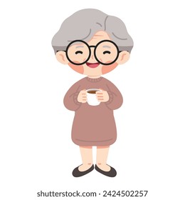 Old woman hold a cup of hot coffee vector