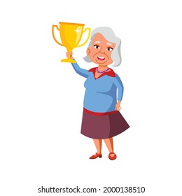 old woman holding award won in competition cartoon vector. old woman holding award won in competition character. isolated flat cartoon illustration