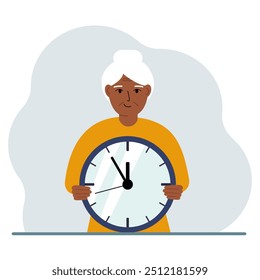 The old woman is holding a big clock in his hands. Time management, planning, organization of working time, effective business, deadline. Vector flat illustration