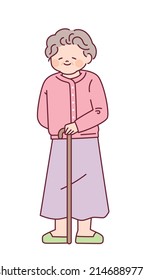  An old woman holding a cane has a gentle expression. outline simple vector illustration.