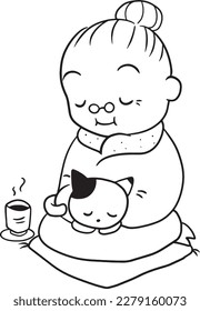 Old woman holding cat cartoon doodle kawaii anime cute drawing character chibi manga comic