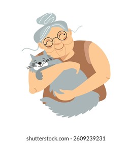 Old woman holding cat. Happy granny in glasses hugging fluffy pet, concept of friendship between people and animal. Cartoon character, hand drawn vector illustration, isolated. Flat design