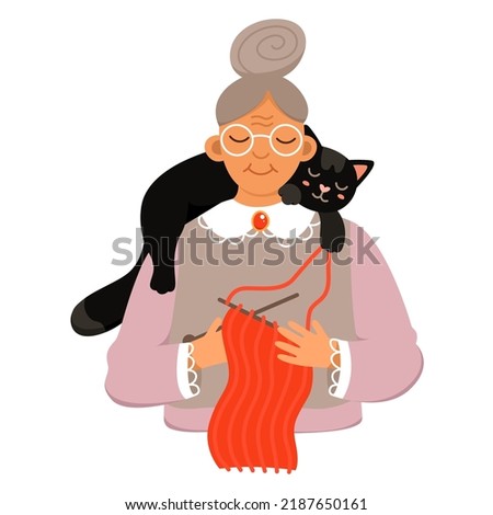 Old woman holding cat vector illustration. Cartoon isolated grandmother character in glasses knitting scarf with black little cute kitten sitting on shoulders, portrait of grandma with domestic animal