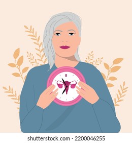 Old woman holding clocks. Menopause concept. Vector illustration