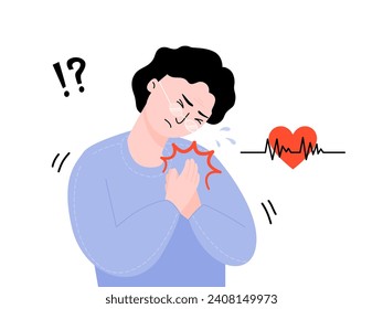 Old woman holding her chest with heart attack sign. Heart pain and symptom of heart disease concept in flat vector illustration.