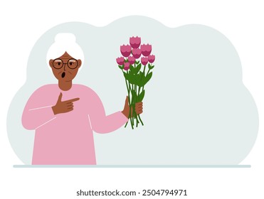 Una anciana sostiene un Grande ramo de flores. El concepto de unas vacaciones, felicitaciones, romance o regalo. Ilustración plana de Vector