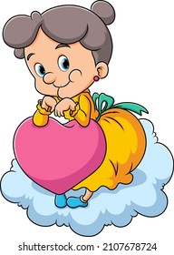 The old woman is holding the love doll and sitting on the cloud of illustration