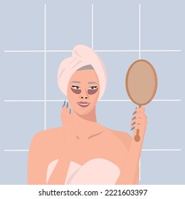 Old woman holding a mirror and looking at herself in reflection. Everyday beauty routine. Self care concept.