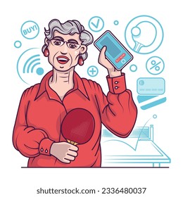 Mujer mayor sosteniendo un teléfono móvil y eligiendo artículos para el ping-pong. Ordenar y elegir ping pong a través de un smartphone. Comprador haciendo pedidos de artículos a través de un smartphone. Ilustración vectorial plana en colores azules