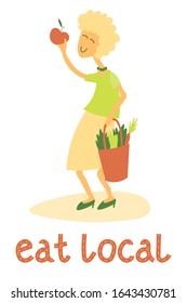 Old woman holds an apple at the farmers market. Happy grandma flat cartoon character. "Eat local" hand drawn typography. Healhy elderly woman vector illustration.