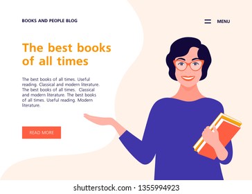 Old woman holds books in her hands. Horizontal banner with text. Website layout. Vector flat illustration