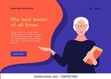 Old woman holds books in her hands. Horizontal banner with text. Website layout. Vector flat illustration