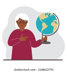 A old woman holds a globe in his hand and points his finger at it. The concept of education, teacher, world conquest, ecology. Vector flat illustration