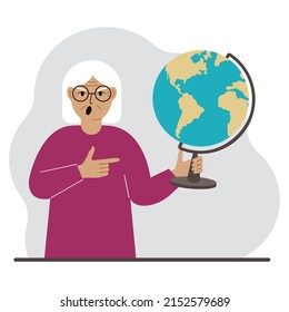A old woman holds a globe in his hand and points his finger at it. The concept of education, teacher, world conquest, ecology. Vector flat illustration
