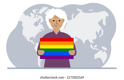 A old woman holds an lgbt flag in his hands against the backdrop of a world map. Vector flat illustration.