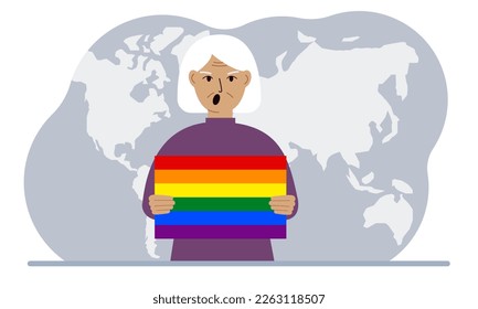 A old woman holds an lgbt flag in his hands against the backdrop of a world map. Vector flat illustration.