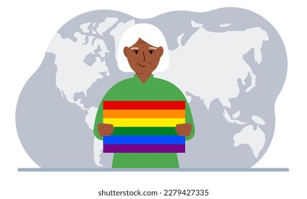 A old woman holds an lgbt flag in his hands against the backdrop of a world map. Vector flat illustration.