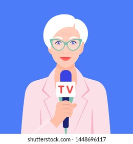 An old woman holds a microphone in her hand. Correspondent reports the news. A television. Vector flat illustration