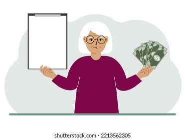 A old woman holds a lot of paper money in one hand and in the other a clipboard empty for text. Concept for advertising banner or poster of earning or saving money. Vector flat illustration