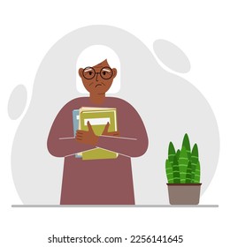 A old woman holds a stack of books in his hands. Knowledge or education for future work, personal improvement, reading list. Vector flat illustration