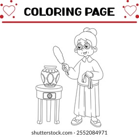 Página para colorear de ama de casa de mujer vieja para niños