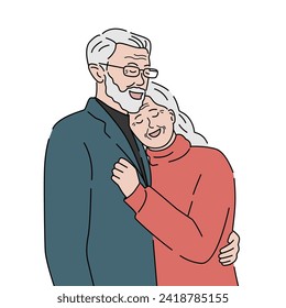 Old woman hugging her husband. Romantic relationship concept. Hand drawn vector illustration