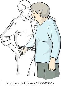 Old Woman Hugging His Dead Transparent Husband Vector Illustration Sketch Doodle Hand Drawn With Black Lines Isolated On White Background