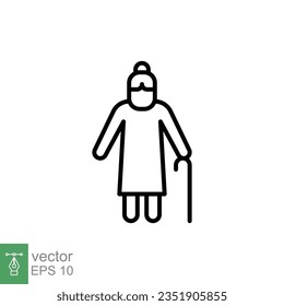 Old woman icon. Simple outline style. Person with cane, stick, elder age, lady, senior people concept. Thin line symbol. Vector illustration isolated on white background. EPS 10.