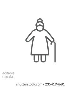 Old woman icon. Simple outline style. Person with cane, stick, elder, lady, senior people concept. Thin line symbol. Vector illustration isolated on white background. Editable stroke EPS 10.