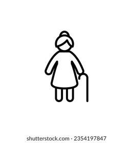 Old woman icon. Simple outline style. Person with cane, stick, elder age, lady, senior people concept. Thin line symbol. Vector illustration isolated on white background. EPS 10.