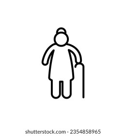 Old woman icon. Simple outline style. Person with cane, stick, elder age, lady, senior people concept. Thin line symbol. Vector illustration isolated on white background. EPS 10.