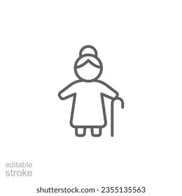 Old woman icon. Simple outline style. Person with cane, stick, elder, lady, senior people concept. Thin line symbol. Vector illustration isolated on white background. Editable stroke EPS 10.
