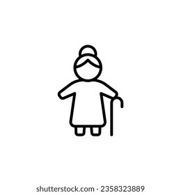Old woman icon. Simple outline style. Person with cane, stick, elder age, lady, senior people concept. Thin line symbol. Vector illustration isolated on white background. EPS 10.