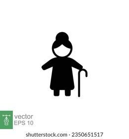 Old woman icon. Simple solid style. Person with cane, stick, elder age, lady, senior people concept. Black silhouette, glyph symbol. Vector illustration isolated on white background. EPS 10.