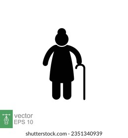 Old woman icon. Simple solid style. Person with cane, stick, elder age, lady, senior people concept. Black silhouette, glyph symbol. Vector illustration isolated on white background. EPS 10.