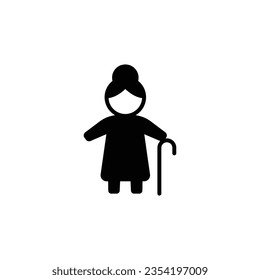 Old woman icon. Simple solid style. Person with cane, stick, elder age, lady, senior people concept. Black silhouette, glyph symbol. Vector illustration isolated on white background. EPS 10.