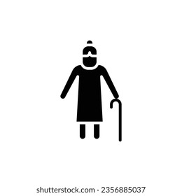 Old woman icon. Simple solid style. Person with cane, stick, elder age, lady, senior people concept. Black silhouette, glyph symbol. Vector illustration isolated on white background. EPS 10.