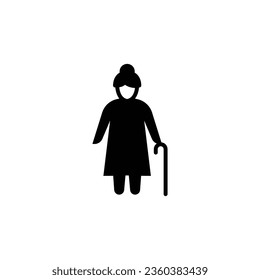 Old woman icon. Simple solid style. Person with cane, stick, elder age, lady, senior people concept. Black silhouette, glyph symbol. Vector illustration isolated on white background. EPS 10.