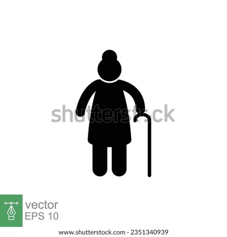 Old woman icon. Simple solid style. Person with cane, stick, elder age, lady, senior people concept. Black silhouette, glyph symbol. Vector illustration isolated on white background. EPS 10.