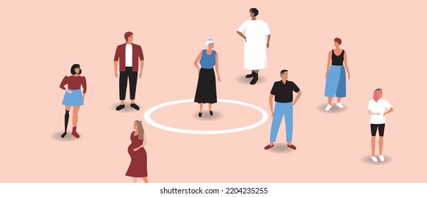 Old woman introvert and crowd of people as personal boundaries, flat vector stock illustration as concept of circle as personal space for mental health