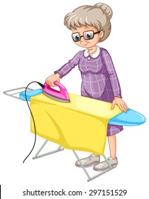 Old Woman Ironing Clothes On Ironing Board