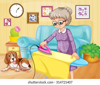 Old Woman Ironing Clothes In A Room Illustration