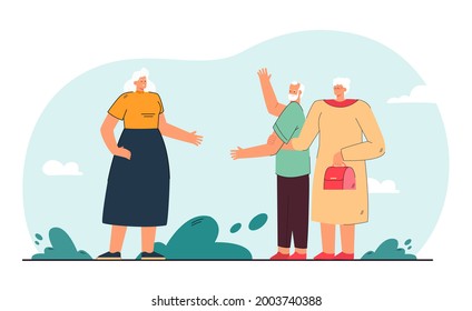 Old woman jealous of husband. Wife holding arm of elderly person greeting lady in street flat vector illustration. Age, relationship, jealousy concept for banner, website design or landing web page