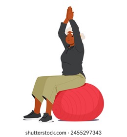 Old Woman Joyfully Sitting On Red Exercise Ball, Showcasing Flexibility And Balance. Elderly Female Character Gracefully Poised On Fitball with Raised Hands Embodying Strength, Resilience And Vitality