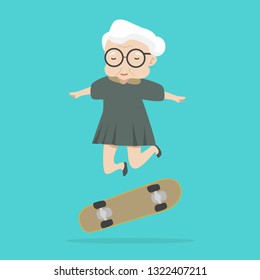 old woman jump with skateboard